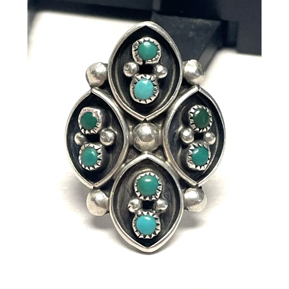 Vintage Native American Snake Eye Sterling Silver Turquoise Ring Size 7.5